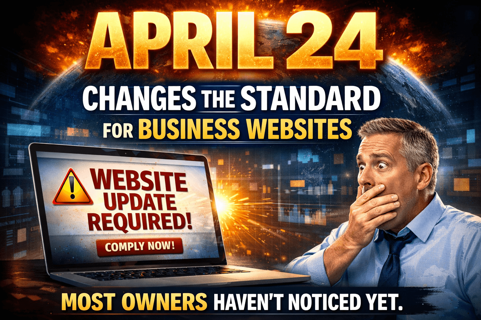 Small business owner reviewing a website on a laptop with accessibility audit results on screen