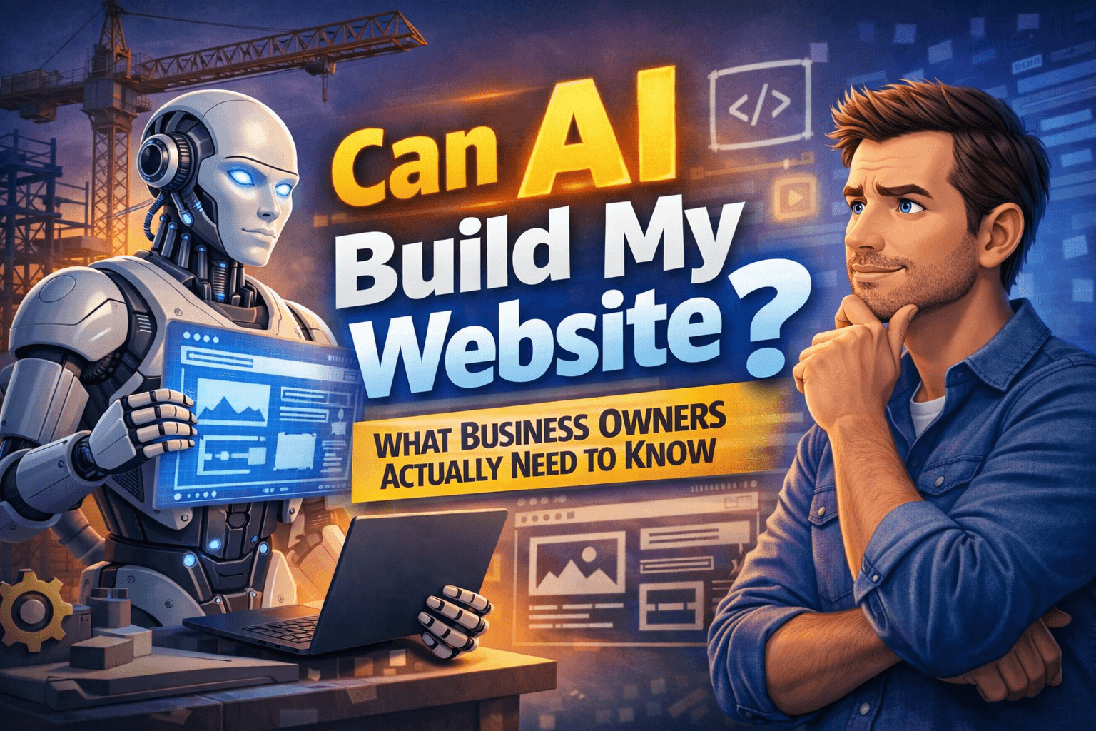Business owner comparing AI-generated website with custom-built website on laptop