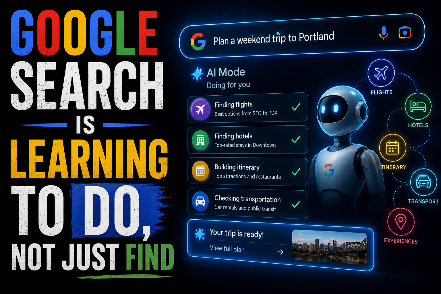 A search bar transforming into robotic hands completing everyday tasks