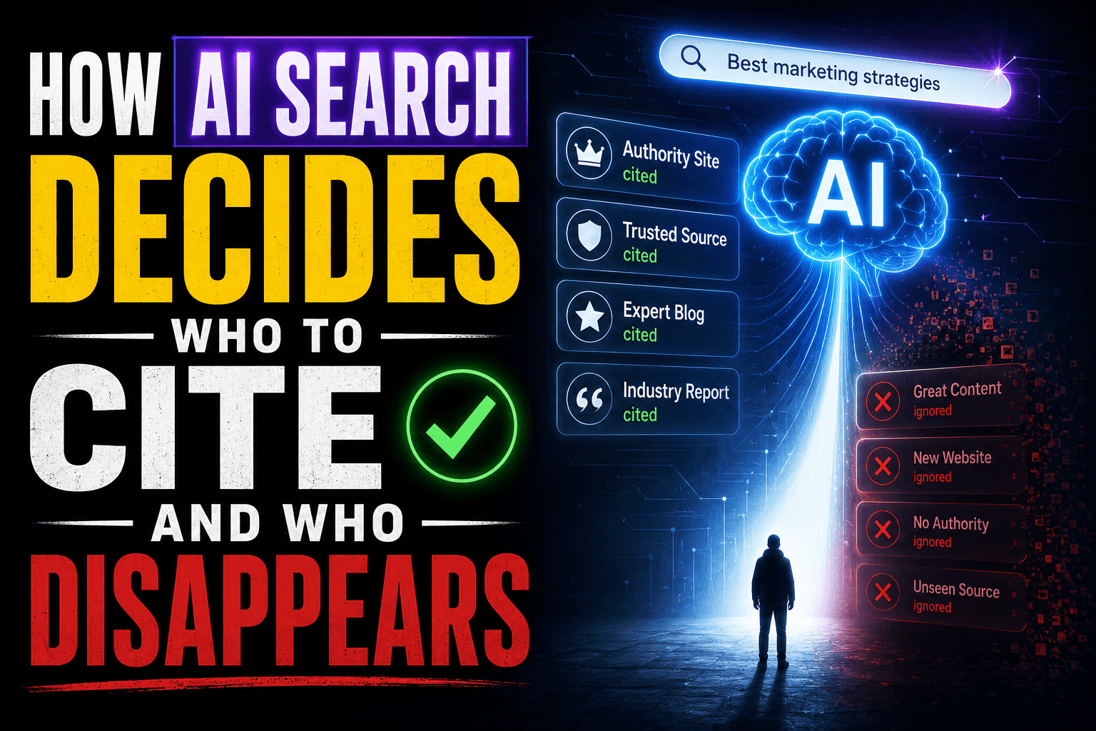 A search results page where an AI answer cites three small websites while others fade into the background