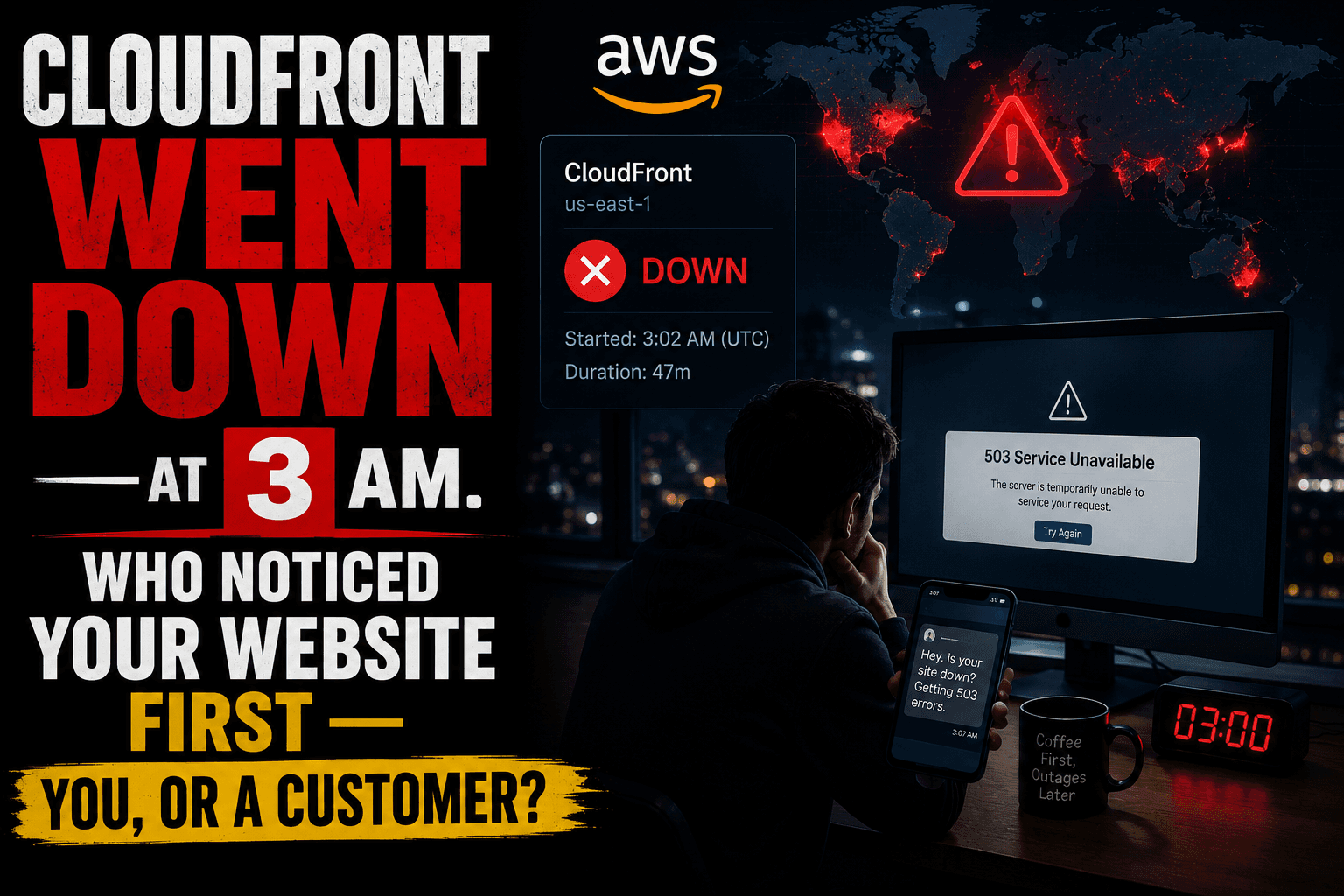 A dark office at night with a single monitoring alert lighting up a phone screen