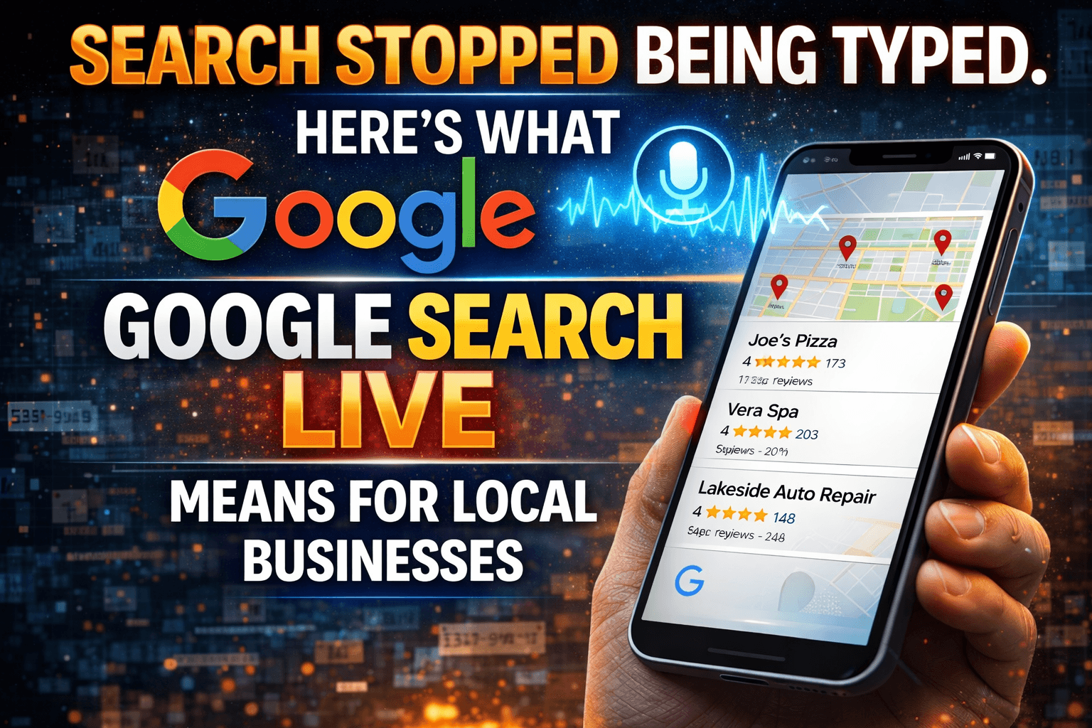 Business owner speaking into a phone with Google search results showing on screen