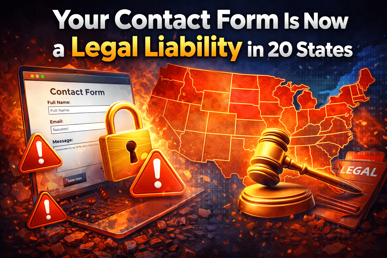 Small business owner reading legal documents next to a laptop showing a website contact form