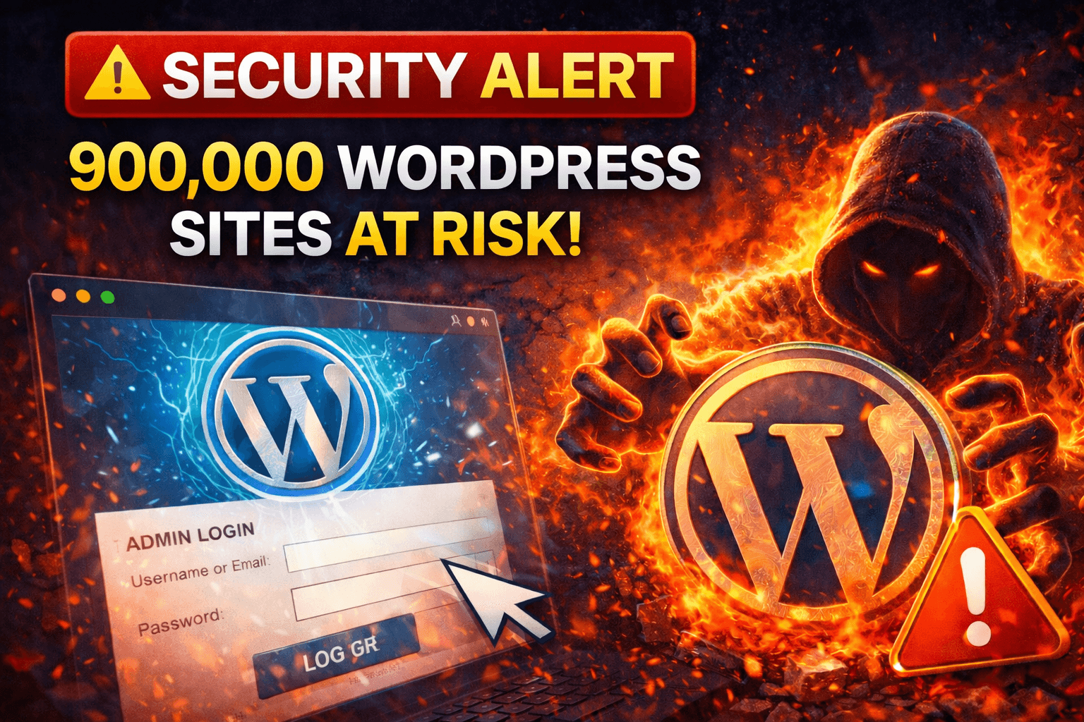 WordPress logo on a cracked screen with a padlock icon indicating a security breach