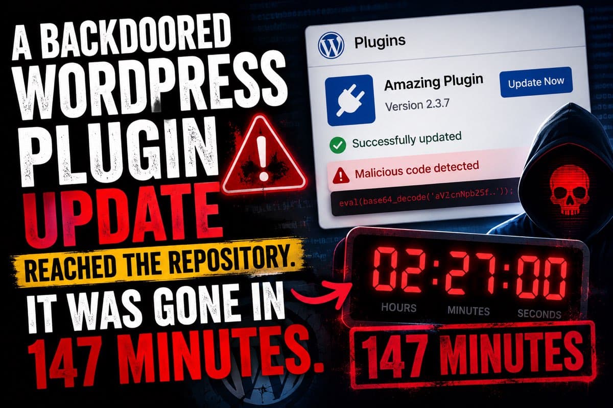 A WordPress plugin update file with a hidden line of malicious code highlighted inside it