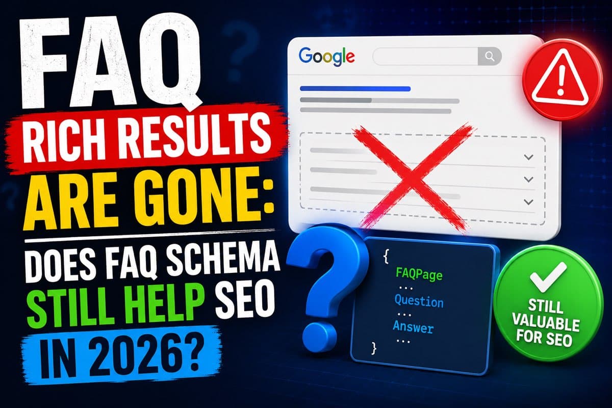 A search results page showing an FAQ dropdown fading out while an AI answer box highlights the same question and answer text