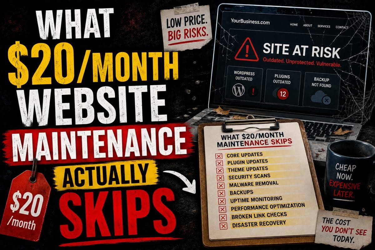 A website maintenance cost checklist with several boxes left unchecked next to a low monthly price tag