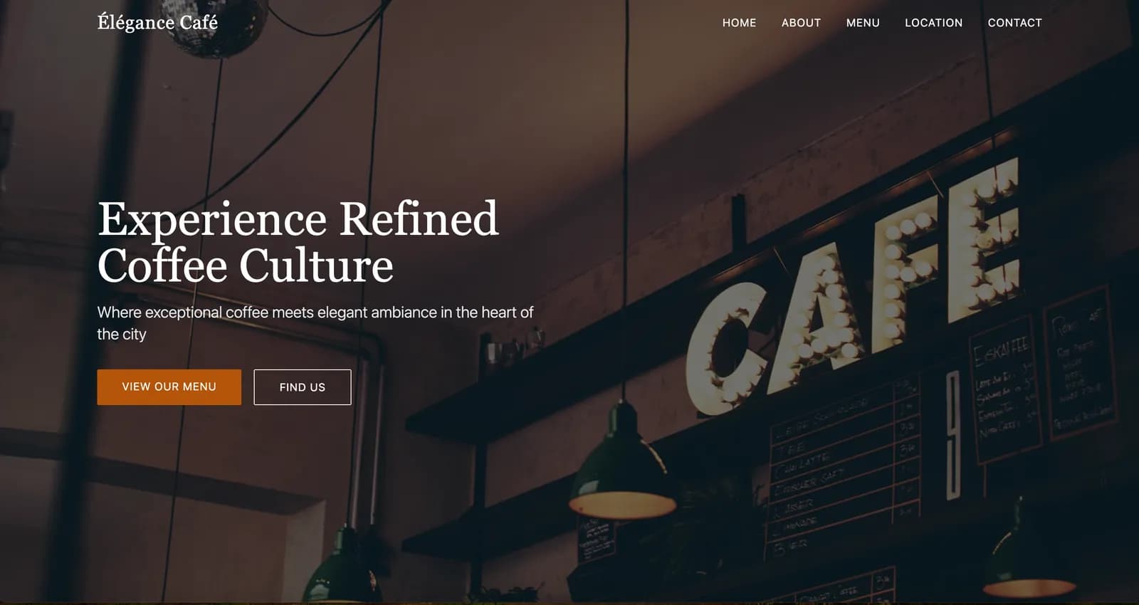 Cozy cafe website featuring menu, hours, and ambiance photos