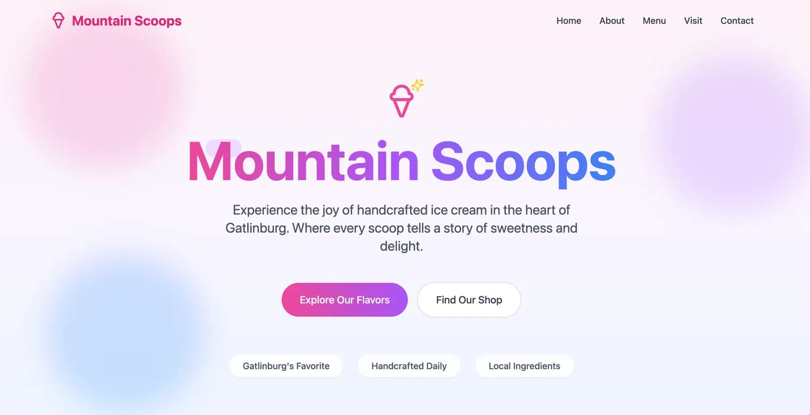 Mountain Scoops ice cream shop website showcasing menu and online ordering