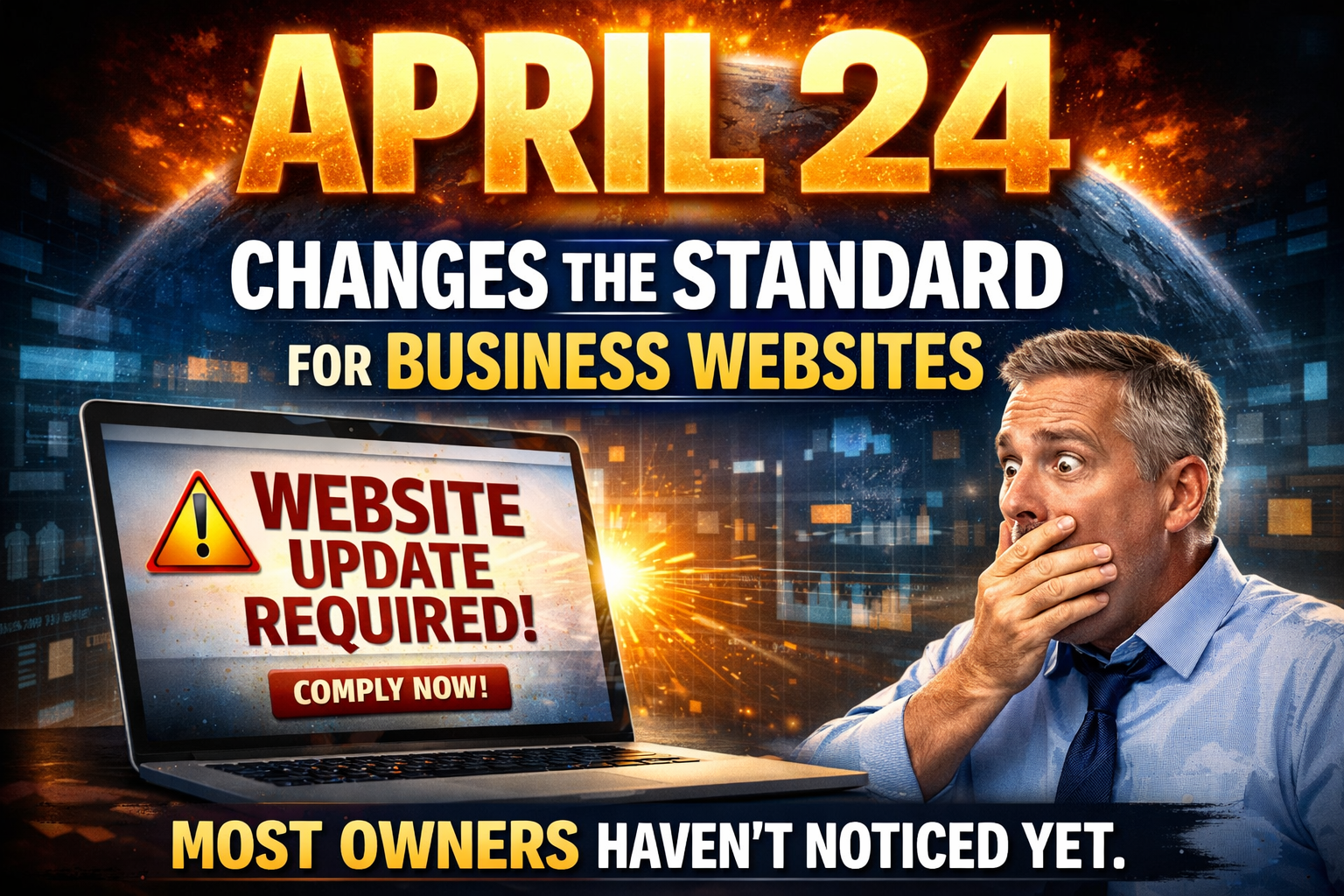 Small business owner reviewing a website on a laptop with accessibility audit results on screen