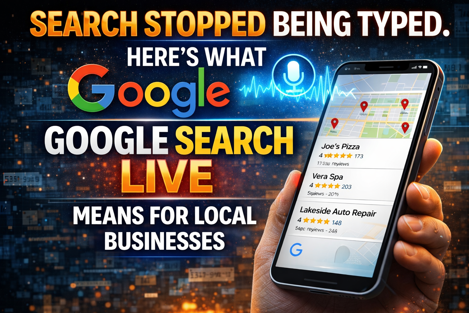 Business owner speaking into a phone with Google search results showing on screen