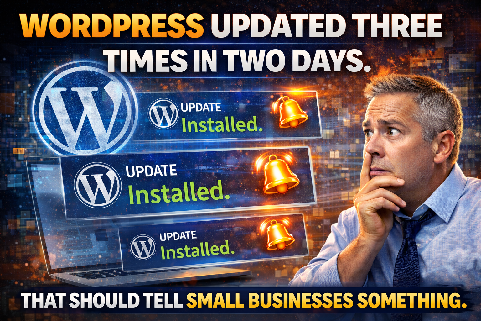 WordPress dashboard showing multiple pending updates with a security warning notification